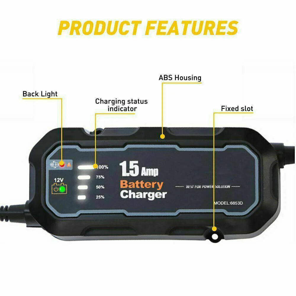 1500mAh Smart Automatic 12V Car Battery Charger - Portable Trickle Maintainer for Effortless Charging