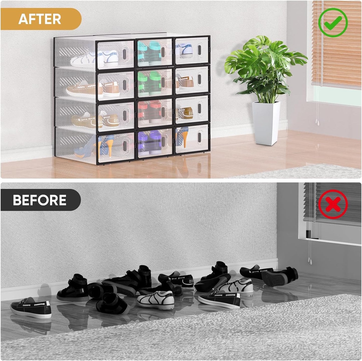 12 Pack Stackable Shoe Storage Boxes Fit Size 9, Thickened Clear Shoe Box Bins with Lids, Plastic Foldable Organizer Sneaker Storage Containers (Large, Black)