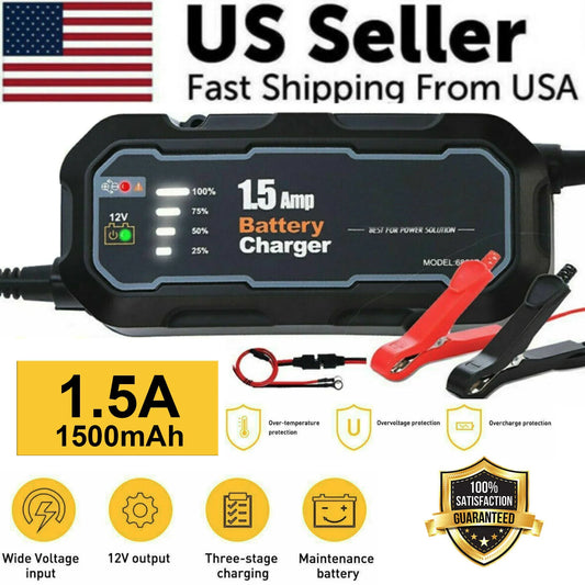 1500mAh Smart Automatic 12V Car Battery Charger - Portable Trickle Maintainer for Effortless Charging