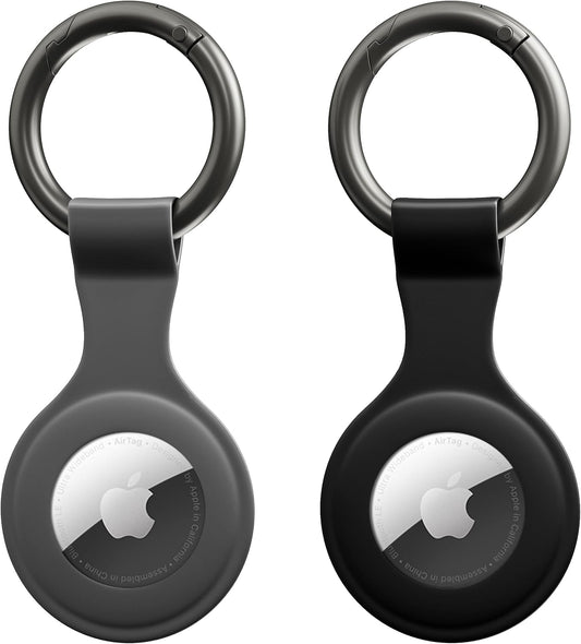 2 Pack Airtag Case, Shock Resistant Silicone Protective Case Cover for Airtag Key Finder Phone Finder with Keychain Carabiner (Grey and Black)